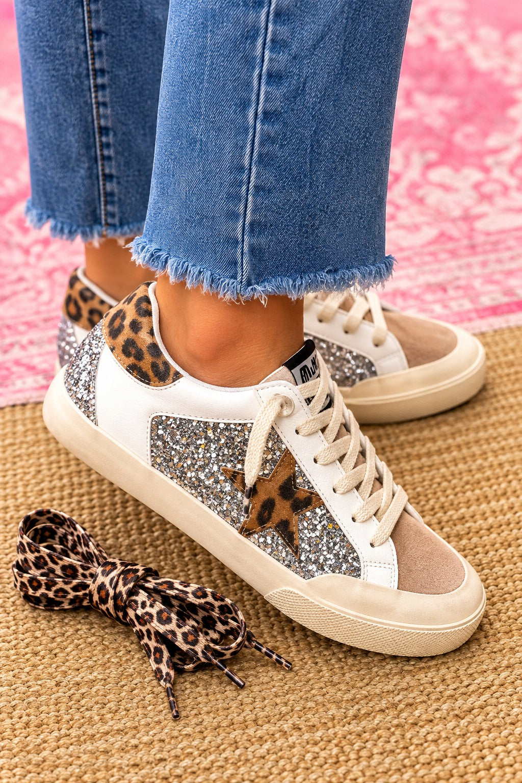 Leopard glitter star sneakers on foot