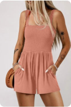 Apricot Pink Casual Pocketed Smocked Romper