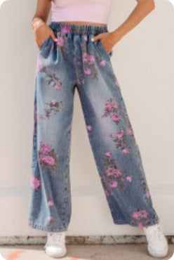 Beau Blue Floral Print Elastic Waist Pants