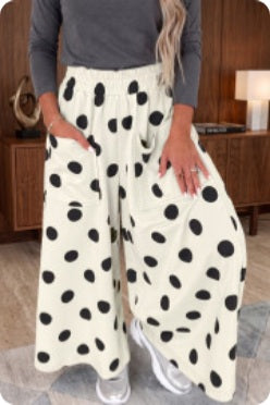 Beige Polka Dot Wide Leg Elastic Waist Pants