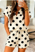 Beige Polka Dot Print V Neck Tee Set
