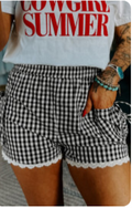 Black Gingham Lace Trim Shorts