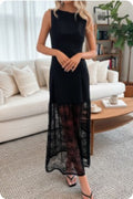Black Solid Color Sleeveless Sheer Lace Maxi Dress