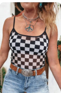 Black Sheer Checkered Print Spaghetti Strap Top