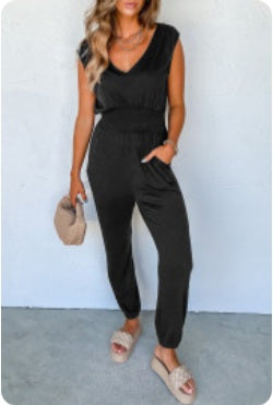 Black Shirred High-Waist Sleeveless Jumpsuit