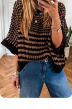 Black Stripe 3/4 Draped Sleeve Slouchy Sweater