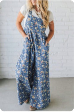 Blue Vintage Rose Printed Pleated Jumpsuit