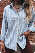 Sky Blue Stripe Boyfriend Chest Pocket Shirt