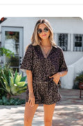 Brown V Neck Collar Leopard Print Romper