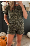 Brown Leopard Print Crew Neck Short Set