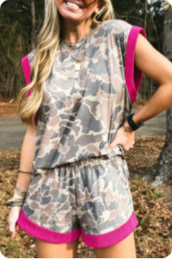 Multicolour Camouflage Contrast Top and Shorts