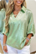 Clearly Aqua Collared V Neck Half Sleeve Top