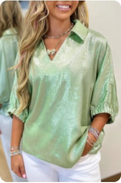 Clearly Aqua Collared V Neck Half Sleeve Top