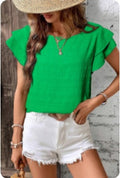 Dark Green Textured Ruffled-Sleeve Top