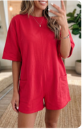 Fiery Red Solid Color Raw Edge Half Sleeve Romper