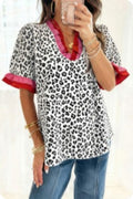 Gray Ruffled Trim V Neck Leopard