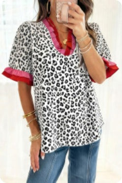 Gray Ruffled Trim V Neck Leopard