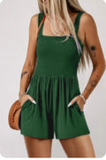 Green Casual Pocketed Smocked Romper