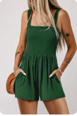 Green Casual Pocketed Smocked Romper