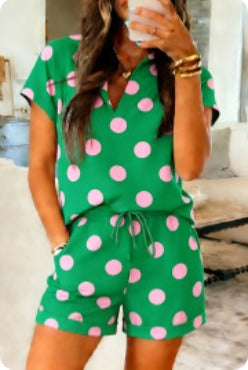 Green Polka Dot Print V Neck Tee Set