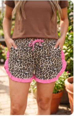 Khaki Leopard Print Contrast Ruffle Shorts