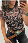 Khaki Leopard Print Sheer Mesh Top