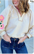 Khaki Stripe V Neck Floral Embroidered Blouse