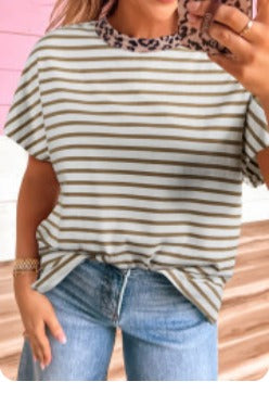 Khaki Stripe Leopard Patchwork Top