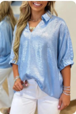 Myosotis Collared V Neck Half Sleeve Top
