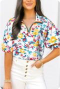 Peacock Blue Floral Print Slit V-Neck Top