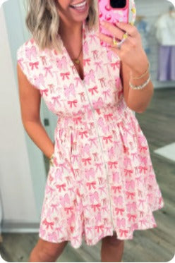 Pink Full Zip Cinched Waist Short Sleeve Dress