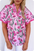 Pink Floral Lace-Detail Frilled V-Neck Top