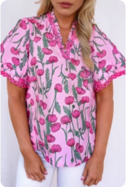 Pink Floral Lace-Detail Frilled V-Neck Top