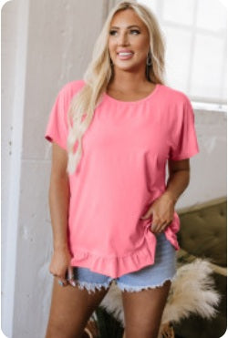 Pink Frilled-Hem Loose T-Shirt