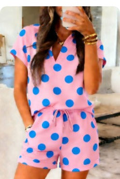 Pink Polka Dot Print V Neck Tee Set