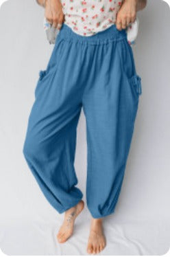 Prussian Blue Smocked Waist Casual Pants