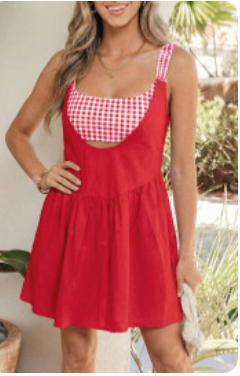 Racing Red Faux Two Piece Gingham Dress