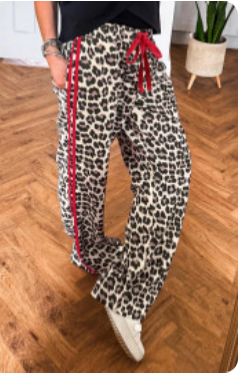 Red Contrast Detail Tie Waist Leopard Pants