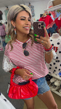 Red Stripe Floral Puff Sleeve Patchwork Blouse