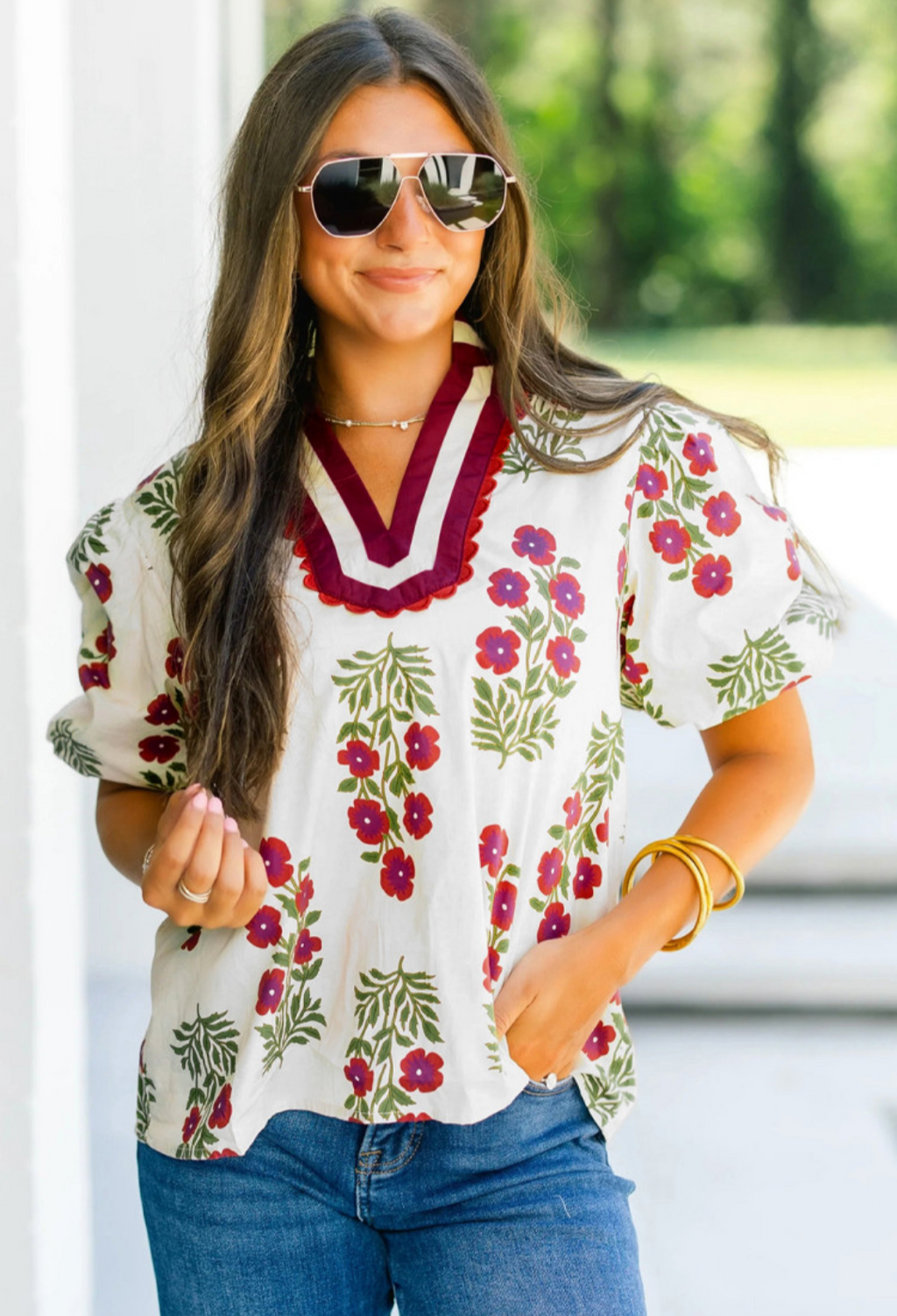 White Floral Short Bubble Sleeve Contrast Blouse