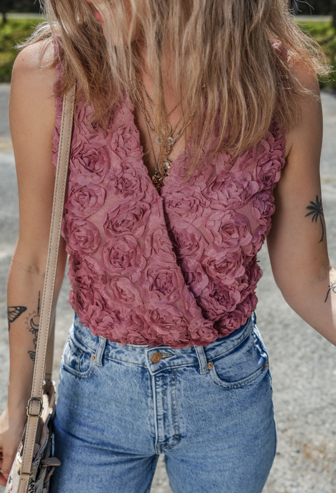 Heather Floral Textured V Neck Wrapped Sleeveless Bodysuit