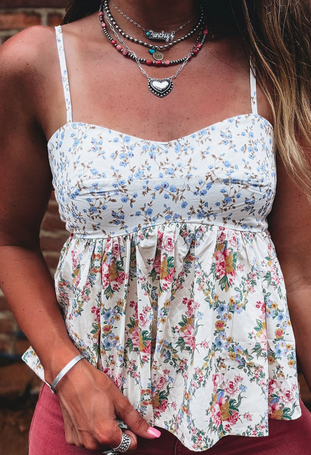 White Contrast Floral Spaghetti Tank