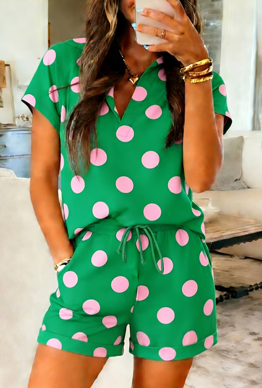 Green Polka Dot V Neck Tee Short Set