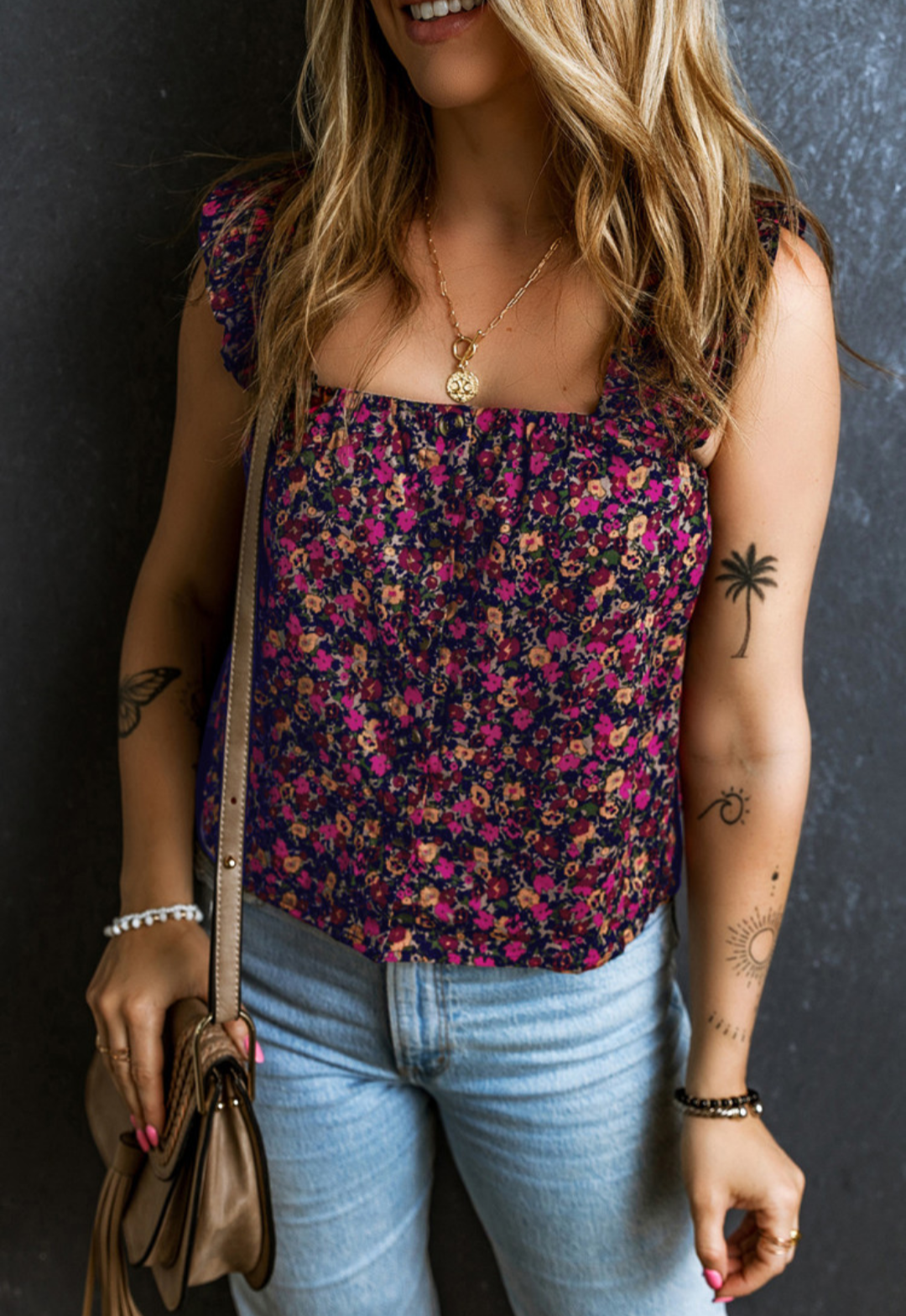 Rose Boho Frilled Straps Floral Tank Top