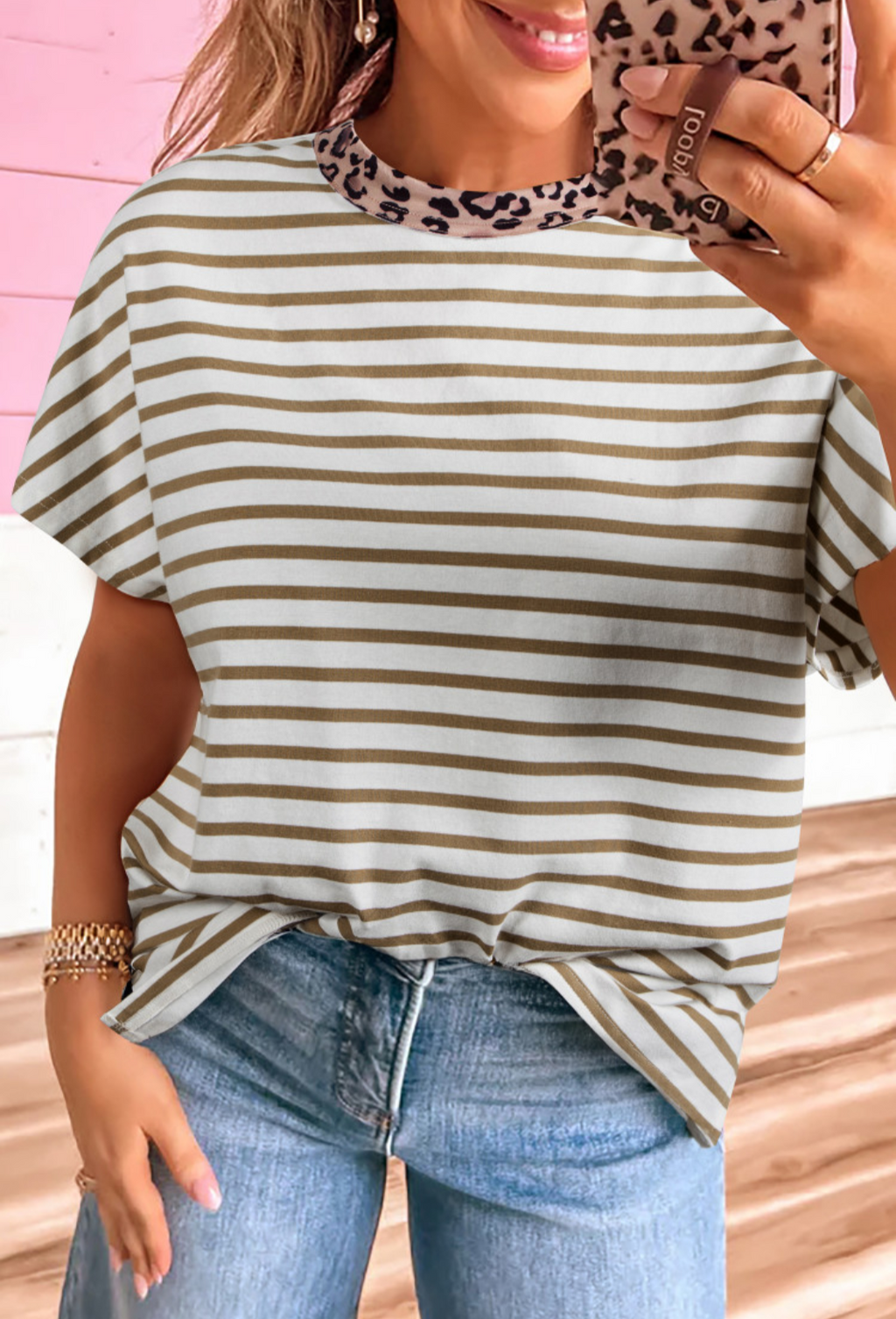 Khaki Stripe Leopard T Shirt