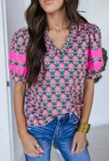 Sachet Pink V-Neck Ruffle Floral Blouse