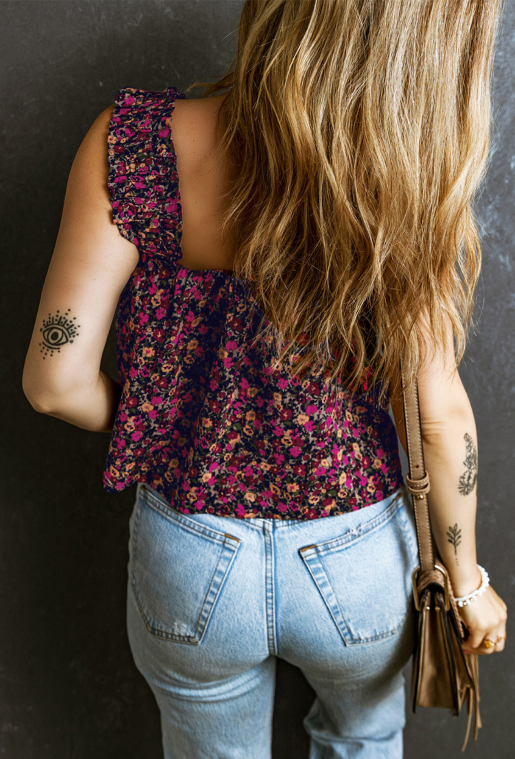 Rose Boho Frilled Straps Floral Tank Top