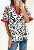 Gray Ruffled V Neck Leopard Blouse