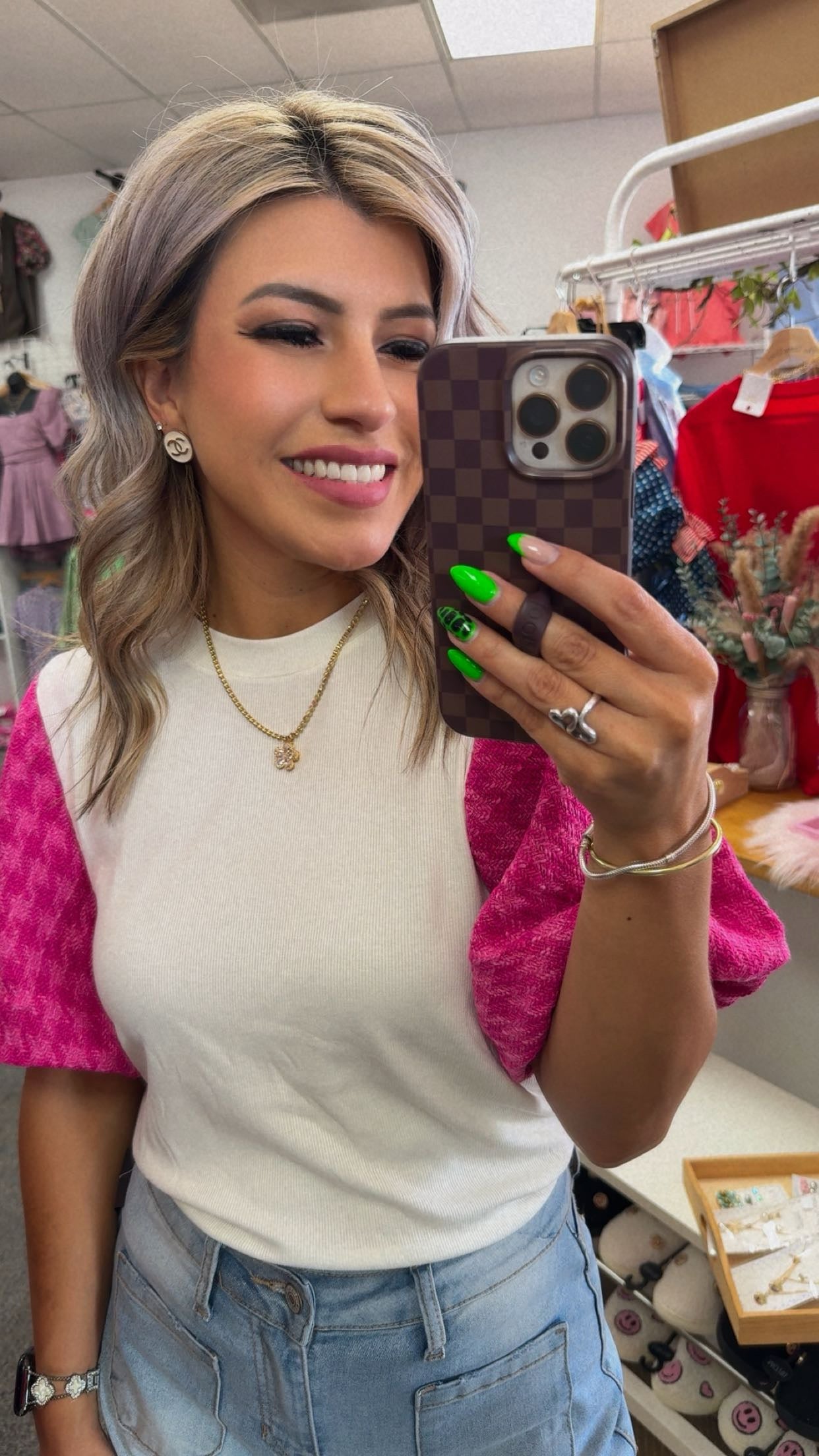 White Contrast Tweed Puff Sleeve Top
