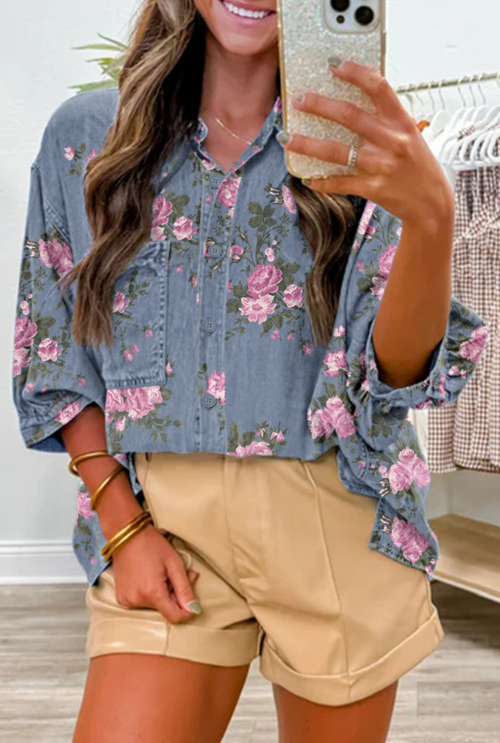 Blue Bracelet Sleeve Floral Denim Shirt